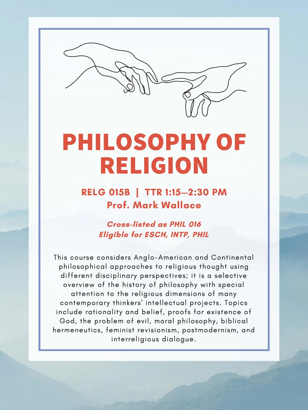 RELG 015B. Philosophy of Religion spring '22 course poster