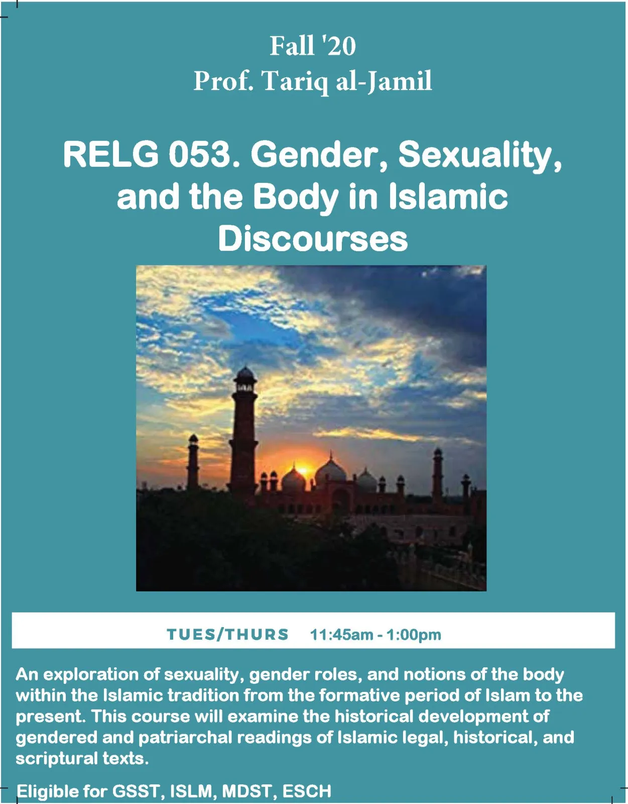 RELG 053. Gender, Sexuality, and the Body in Islamic Discourses course poster Fall 2020