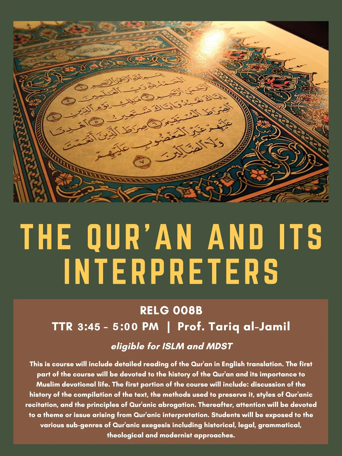 RELG 008B. The Qur'an and Its Interpreters course poster Fall 2020