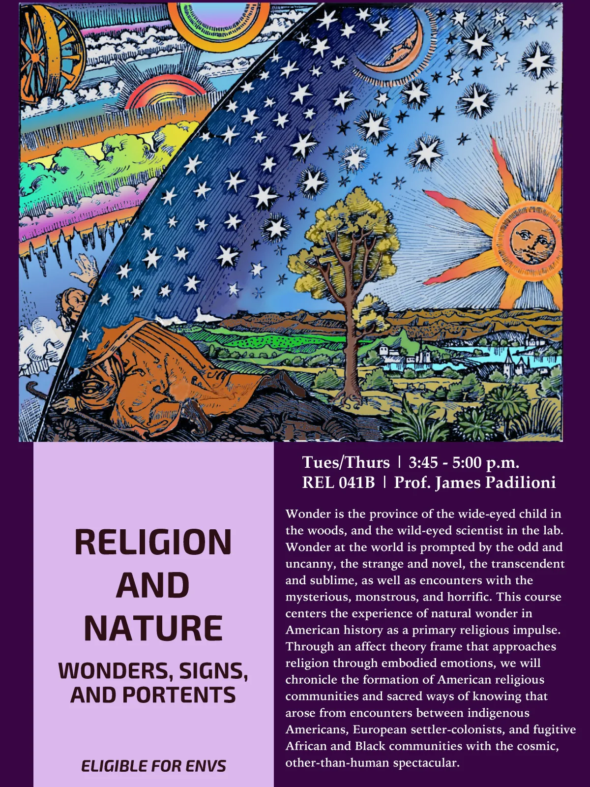 RELG 041B. Religion & Nature: Wonders, Signs, & Portents course poster Fall 2020