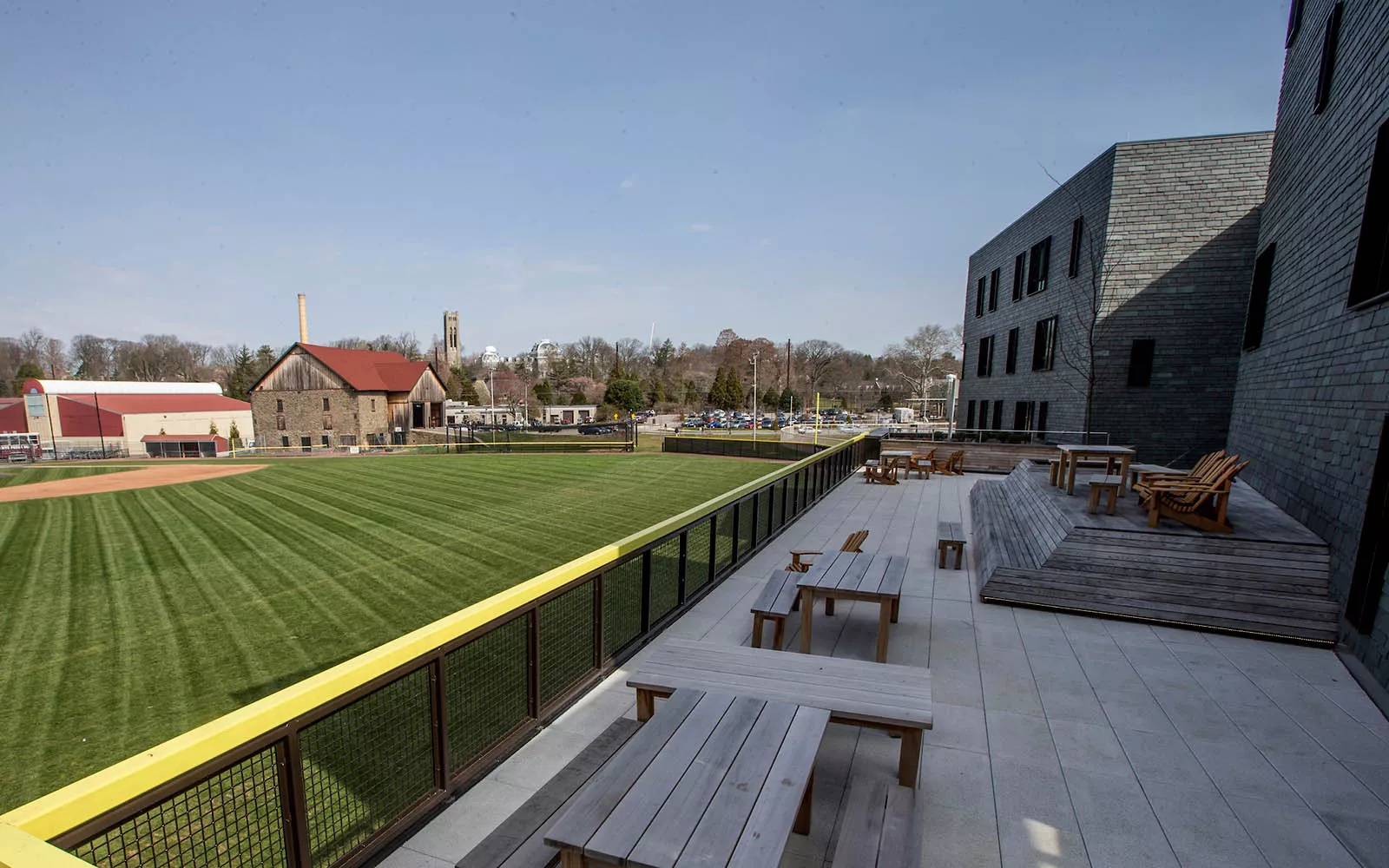 Terrace overlooking baseball field on sunny day 