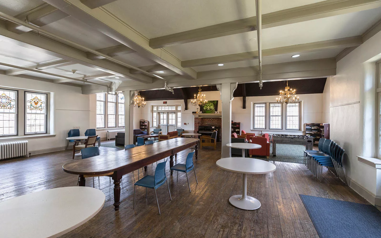 Breakfast room in Mary Lyons dorm with wooden floor and tables