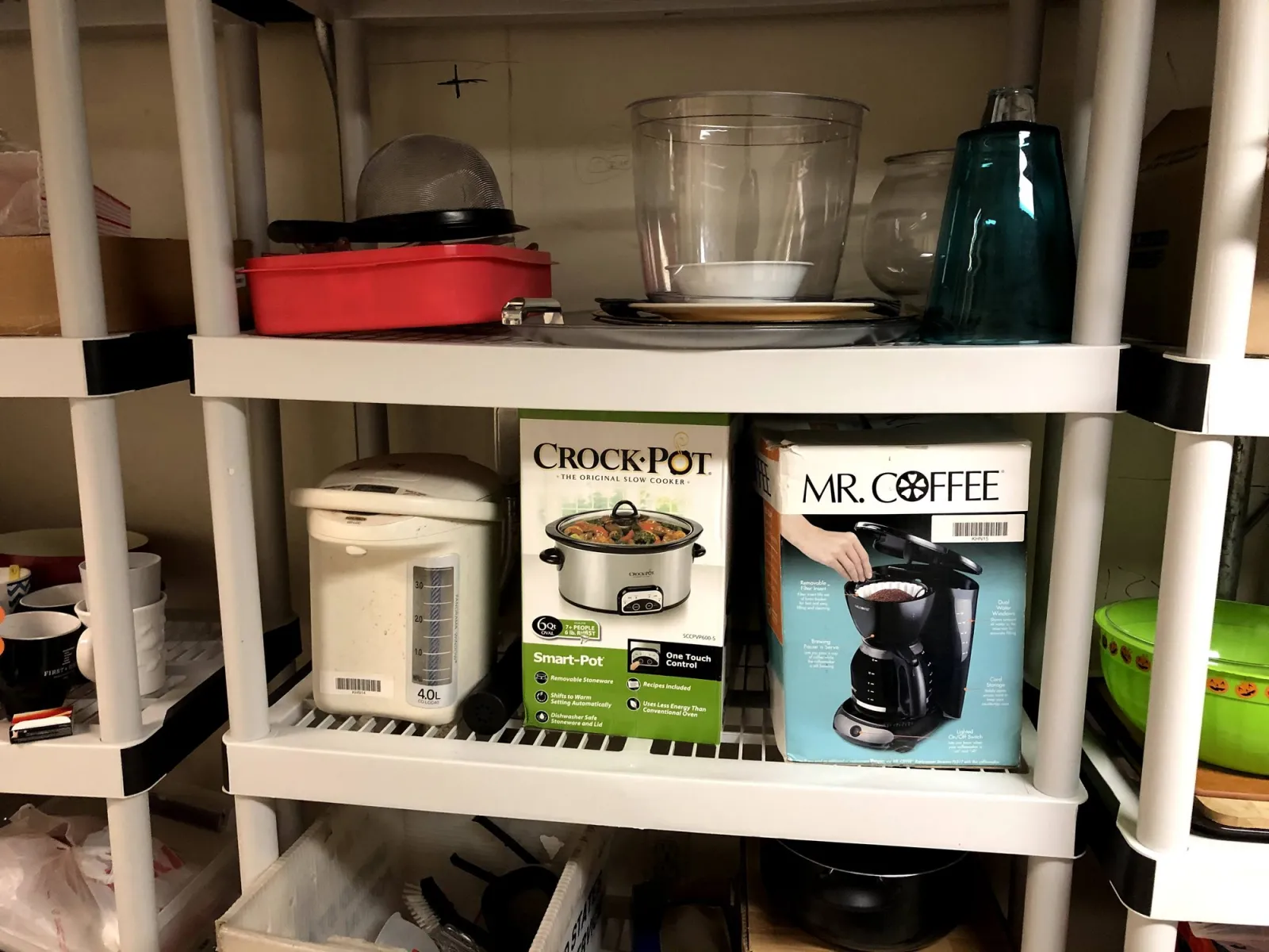 Coffeemaker, Crock pot, miscellaneous kitchen supplies