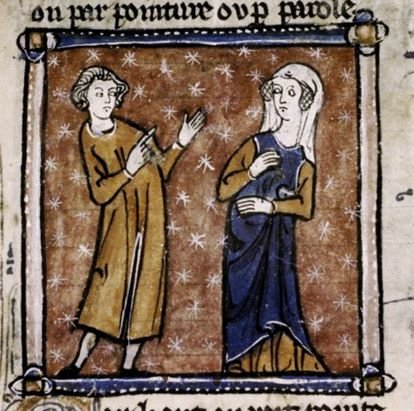 man and woman talking in medieval manuscript