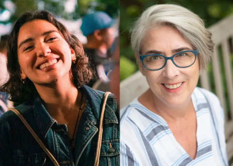 Senior Angela Gil on the left wears a jean jacket and has dark brown hair. Theater Professor Laila Swanson has cropped white hair with a striped blouse on