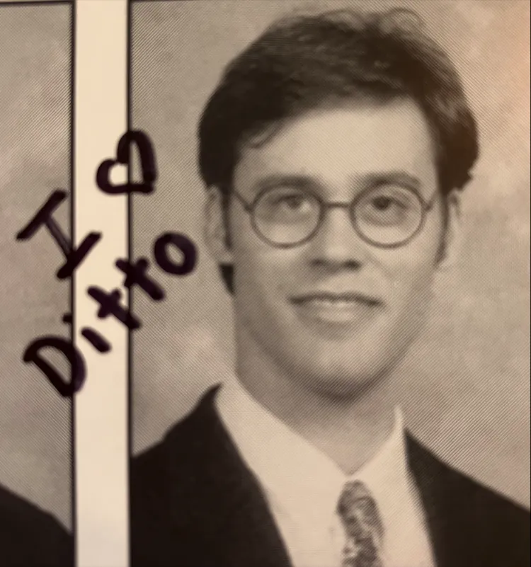 A clipping from a yearbook featuring Dito Van Reigersberg wearing dark glasses. Someone has written "I <3 Dito" next to his picture