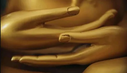 two hands, one on top of the other, palms up, resting in front of a belly