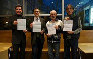 Pictured from left to right: Professor of Religion Mark Wallace, Professor of Sociology Lee Smithey, Professor of Biology Scott Gilbert, and Professor of Philosophy Peter Baumann.
