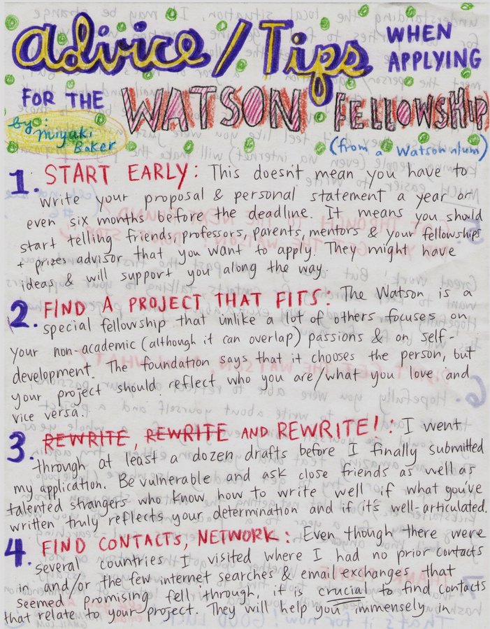 Image of hand-drawn tips from Miyuki Baker for applying to a Watson Fellowship