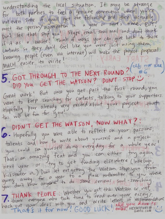 Second half of hand-drawn tips from Miyuki Baker for applying to a Watson Fellowship