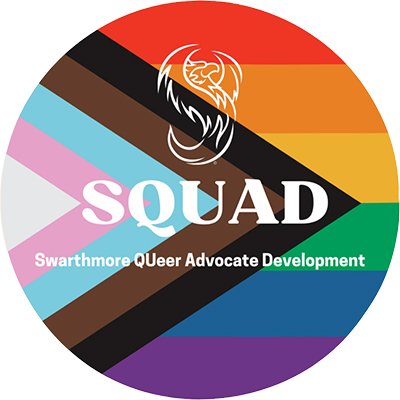 Logo of SQUAD with rainbow and trans pride flag colors