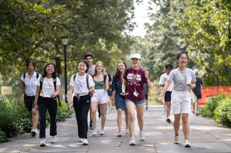 A group of students walking on Magill Walk. 