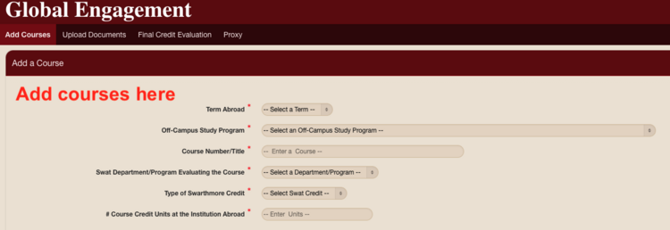 Screenshot of "Add Courses" tab in credit system