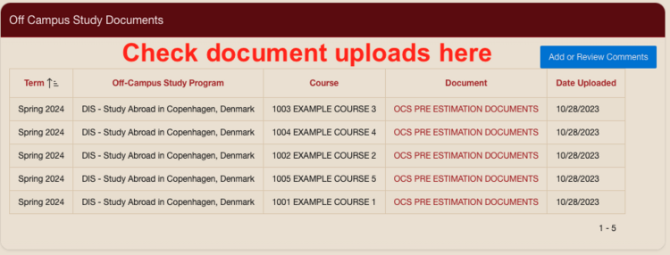 Screenshot of "Upload Documents" tab in Credit Evaluation System ("Off Campus Study Documents" section)