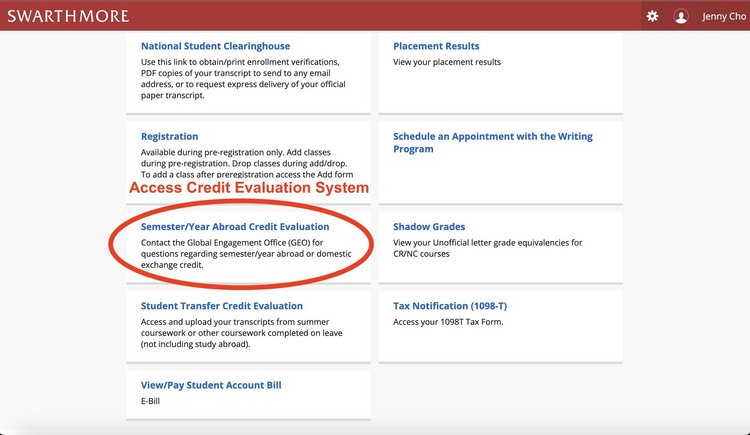 Screenshot of link on MySwarthmore to the Semester/Year Abroad Credit Evaluation System