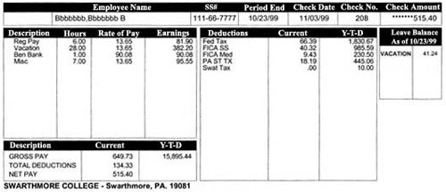 Pay Stub And Payroll Codes Human Resources Swarthmore College