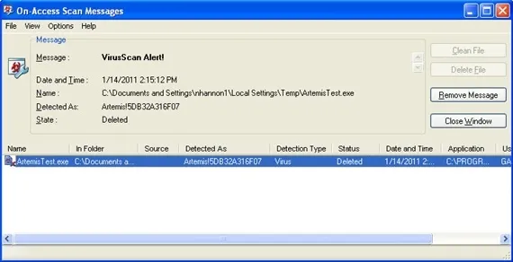 McAfee Alert Window
