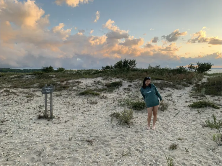 A person stands by sand dunes near water