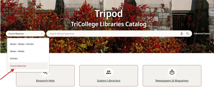 arrow pointing toTripod's course reserves menu