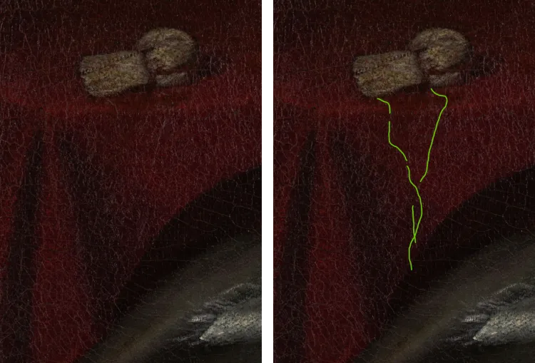 close up image of the reticule before conservation, followed by the same image with the reticule strings highlighted