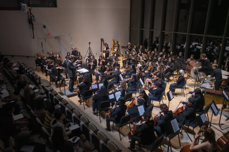 The Swarthmore College Orchestra on stage in Lang Concert Hall