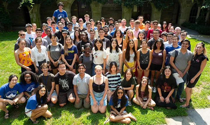 Group of international students gathered in front of Intercultural Center