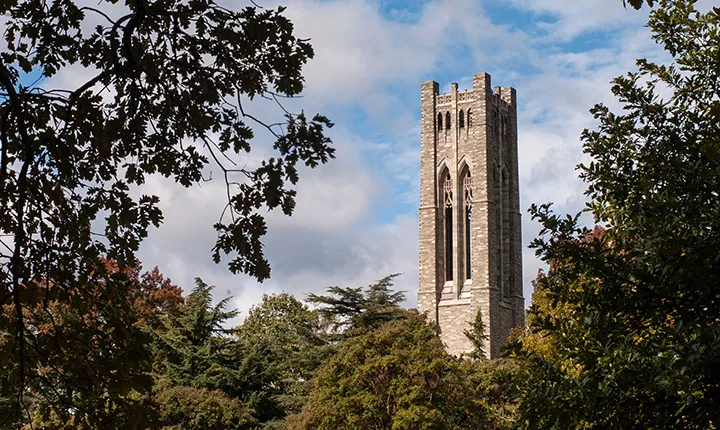 Clothier tower framed by fall foliage