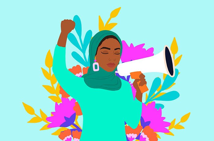Cartoon of woman in hijab holding megaphone and holding a fist up