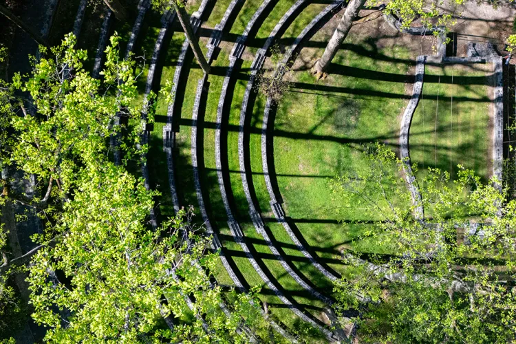 Overhead drone shot of Scott Outdoor Amphitheater in spring