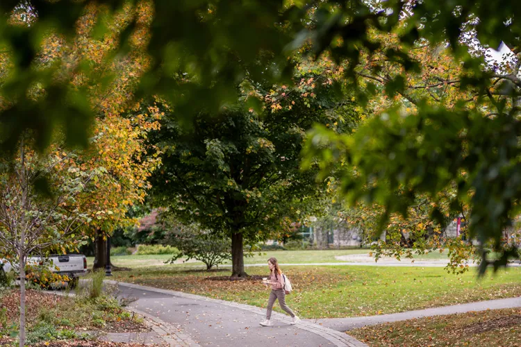 Person walks on campus as fall foliage is in background