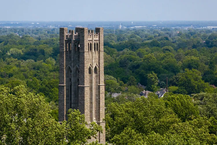 Overhead drone shot of Clothier Belltower