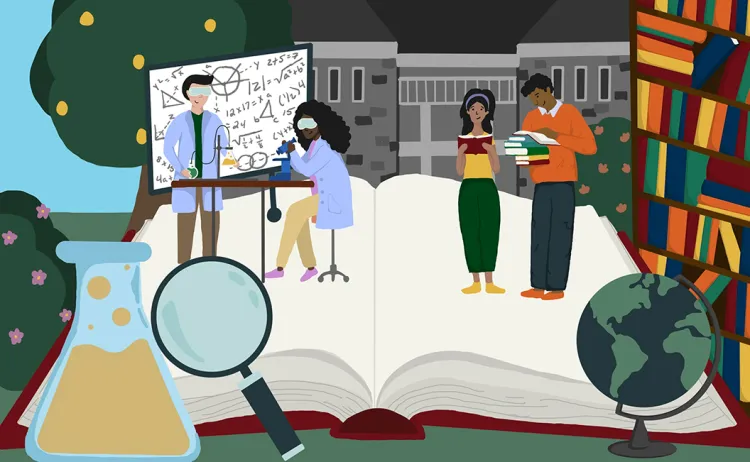 Cartoon of students working in a lab, students reading