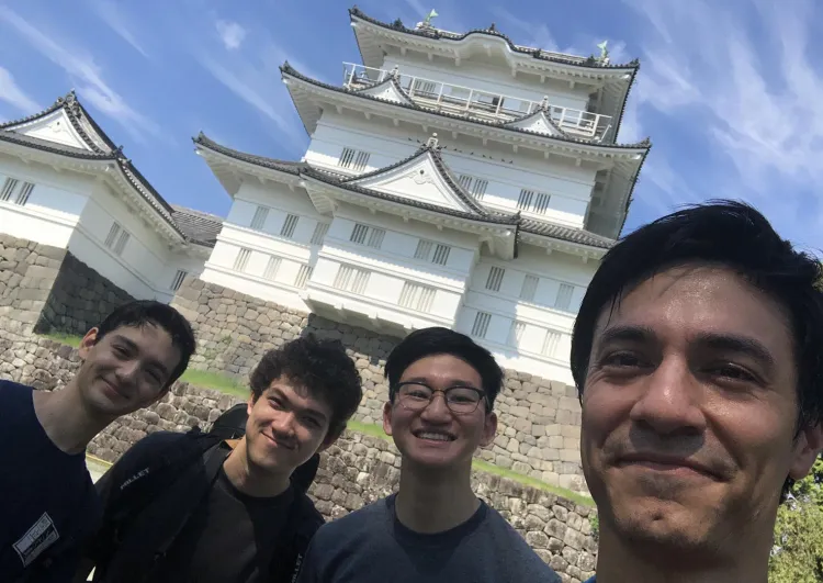 Three Swarthmore Taiko Ensemble members and (far right) Associate Professor and Chair of the Dance Department Joe Small '05.