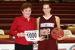 Head coach Renee DeVarney along with Lytle following the victory over Connecticut College.