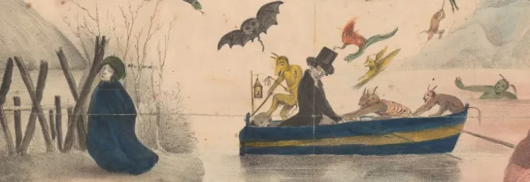 A graphic political cartoon depicts the Rev. Ephraim Avery as the murderer of Sarah Maria Cornell.