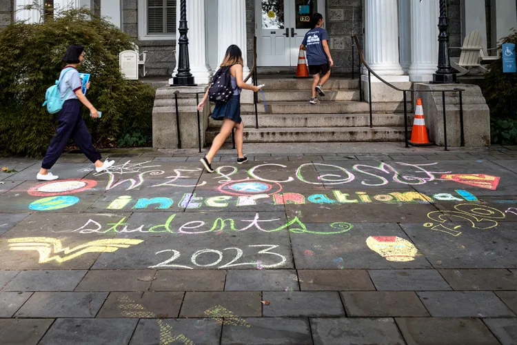 International Student orientation chalking outside of Parrish