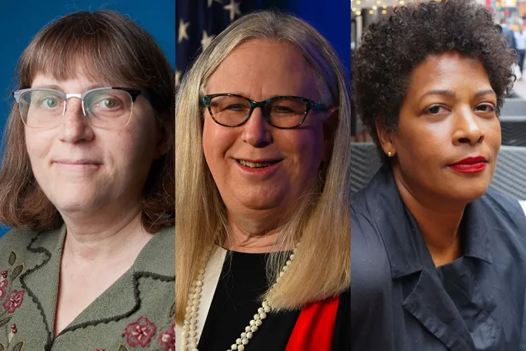 Collage of Elizabeth Anderson, Rachel Levine, and Dawn Porter