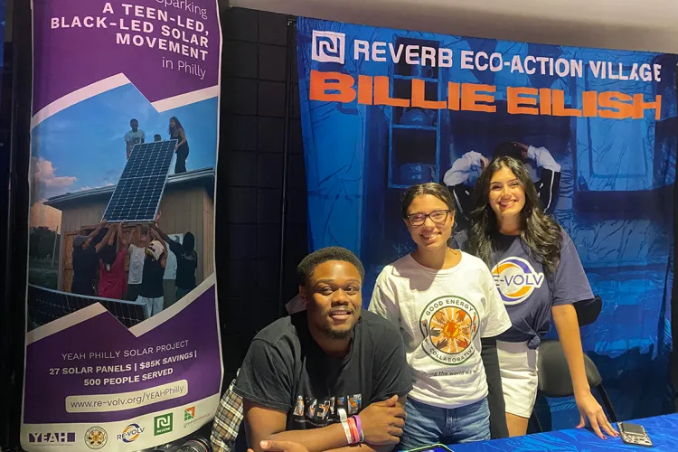 (From left) Yeah Philly’s Rodney Garder, Jasmine Sanders, and Ariza Nanji ’24 tabled at Billie Eilish’s concert in Philadelphia on Oct. 23.