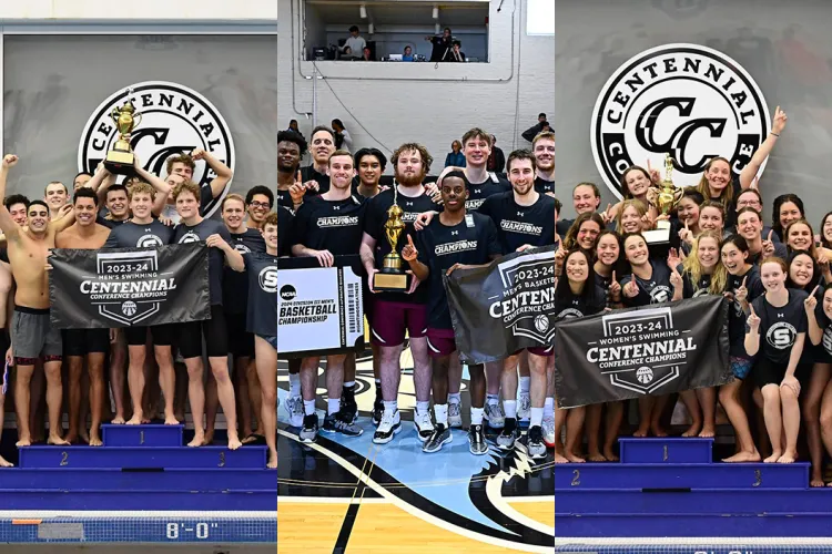Collage of winter sports: men's swimming, men's basketball, women's swimming