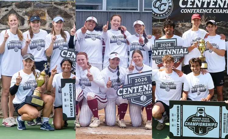 Collage of women's tennis, softball and men's tennis teams celebrating with trophies