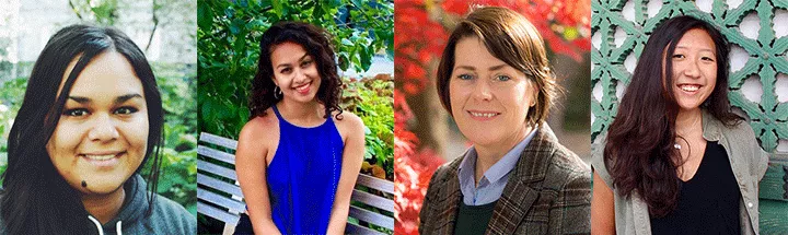 Portraits of Maria Castaneda Soria ’18, Jasmine Rashid ’18, Denise Crossan, Seimi Park '20