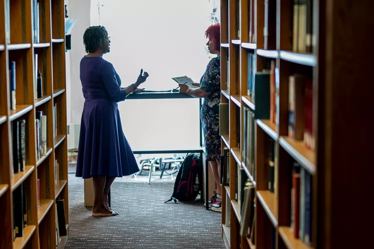 Allison Dorsey and Nikole Hannah-Jones in McCabe Library