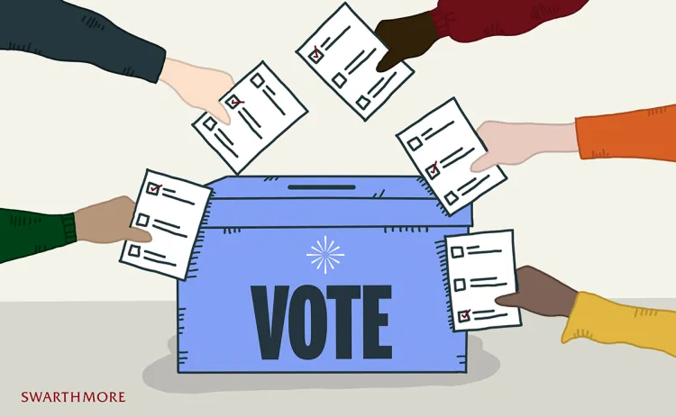 Graphic showing voting box with hands placing ballots inside