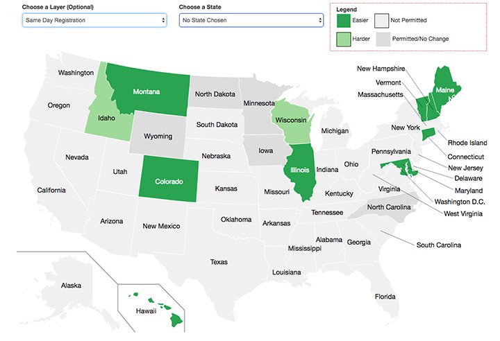 U.S. Map showing states with same day registration laws
