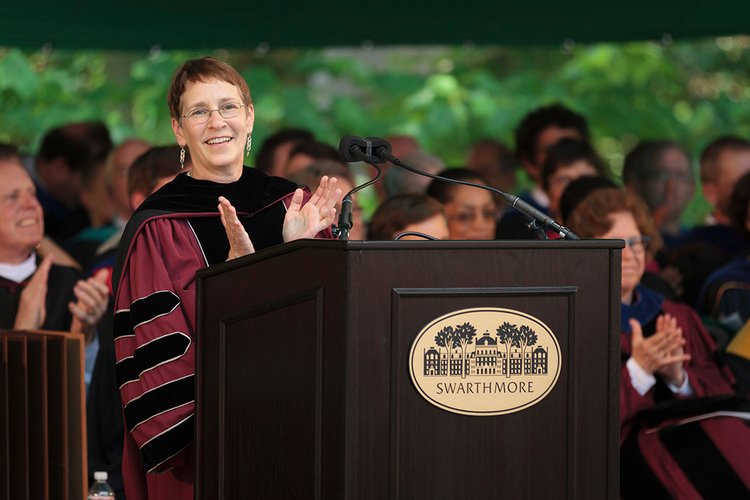 Connie Hungerford at podium during commencement