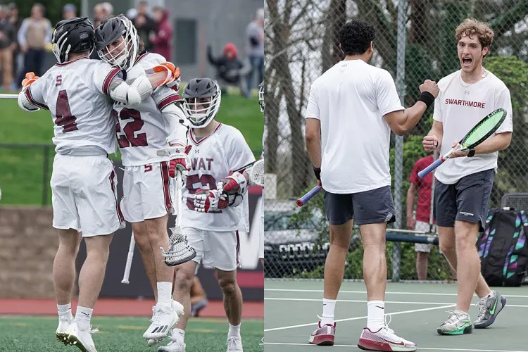 Collage of men's lacrosse and men's tennis teams celebrating
