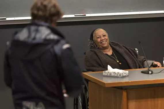Morrison speaks to students in the "Faulkner, Morrison & the Representation of Race" class taught by Alexander Griswold Cummins Professor of English Literature Philip Weinstein.