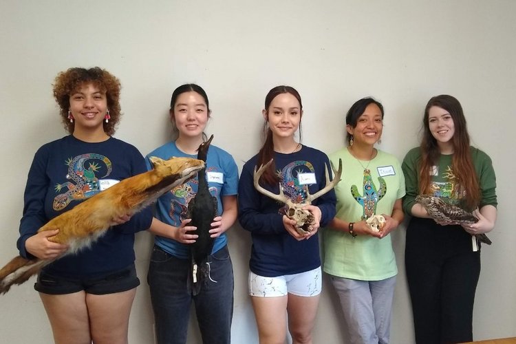 Students holding taxidermy animals