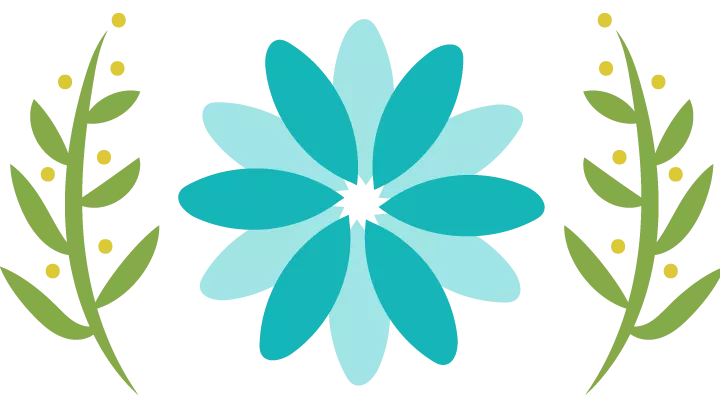 Cartoon logo of flowers surrounded by olive branches