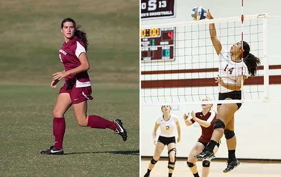 Women's soccer team top scorer Hannah Lichtenstein '17 and women's volleyball leading attacker Sarah Wallace '18.